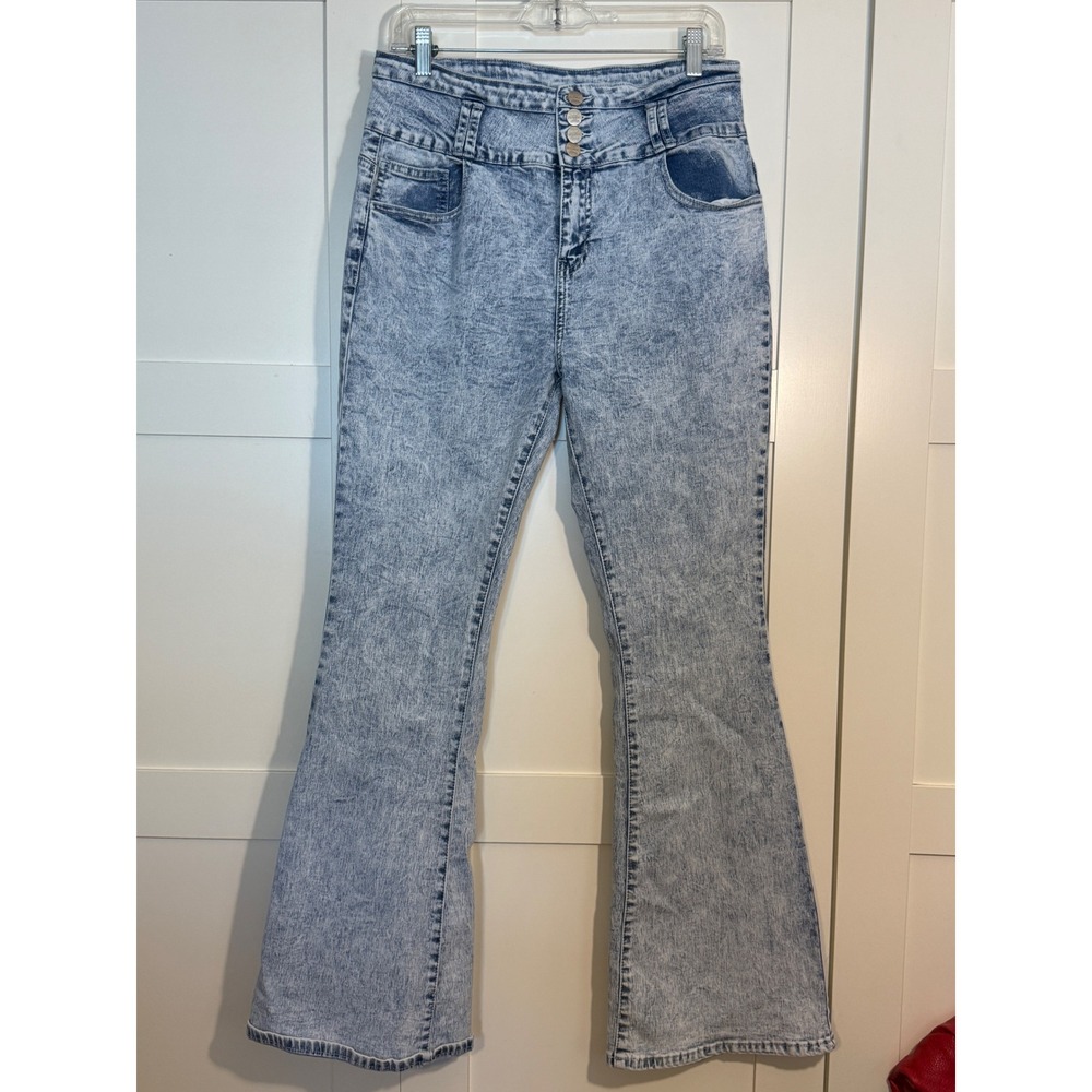 Mitzi Michel Y2K Acid Wash Flare Jeans High Rise Button Fly‎ Stretch Denim